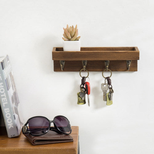 Short Dark Brown Wood Entryway Shelf w/ 4 Hooks-MyGift