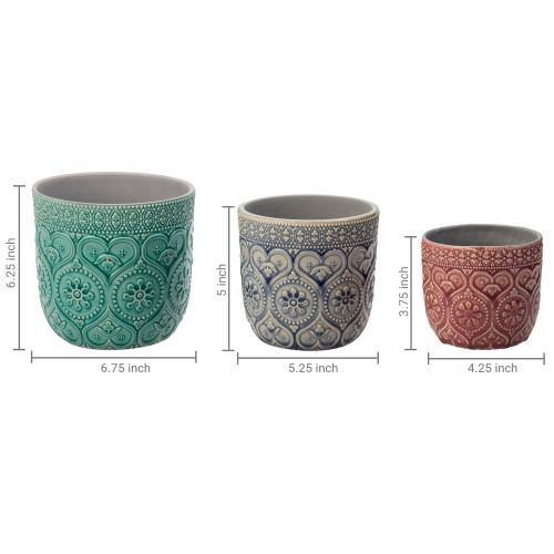Multicolored Round Embossed Design Ceramic Flower Pots, Set of 3 - MyGift