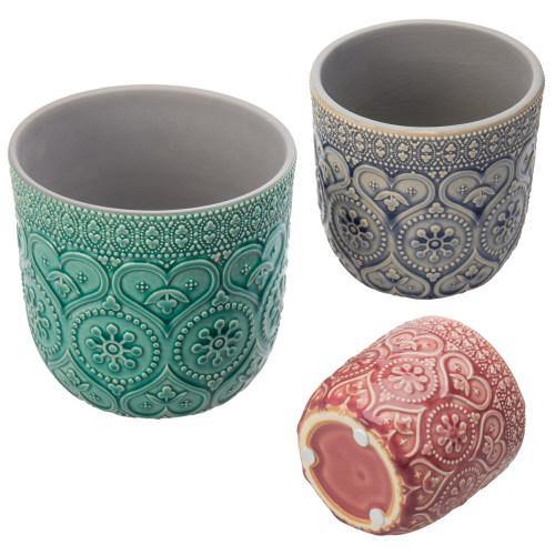 Multicolored Round Embossed Design Ceramic Flower Pots, Set of 3 - MyGift