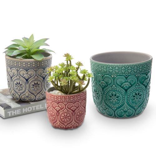 Multicolored Round Embossed Design Ceramic Flower Pots, Set of 3 - MyGift