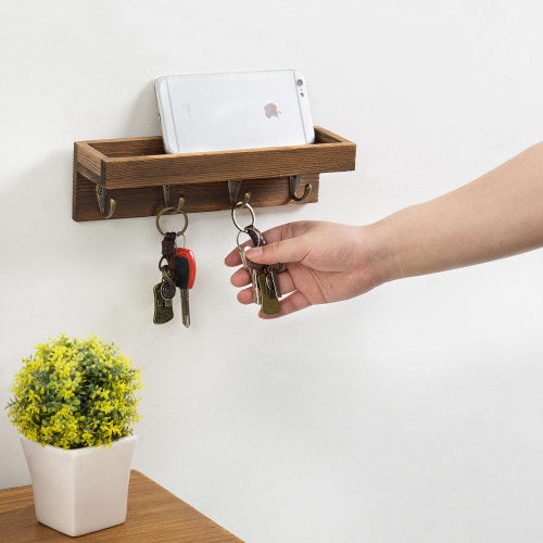 Short Dark Brown Wood Entryway Shelf w/ 4 Hooks-MyGift