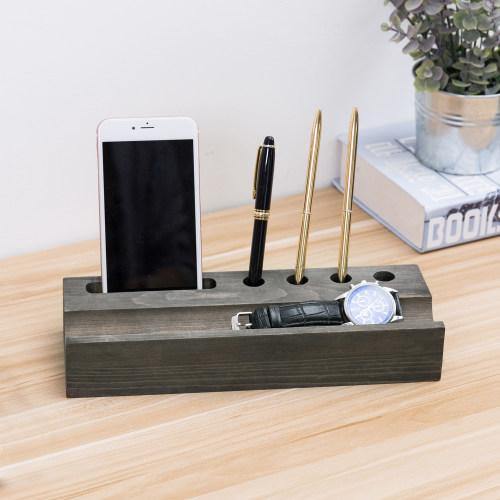 Vintage Gray Wood Office Organizer with Smartphone Holder - MyGift