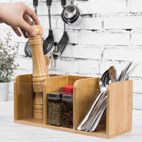 Bamboo Utensil Organizer w/ Clear Acrylic Front Panel-MyGift