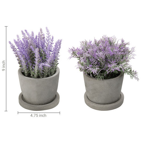 Artificial Lavender Plants in Gray Cement Planter w/ Trays, Set of 2-MyGift