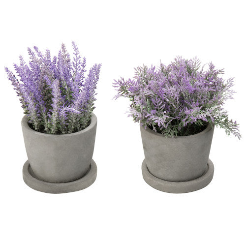 Artificial Lavender Plants in Gray Cement Planter w/ Trays, Set of 2-MyGift
