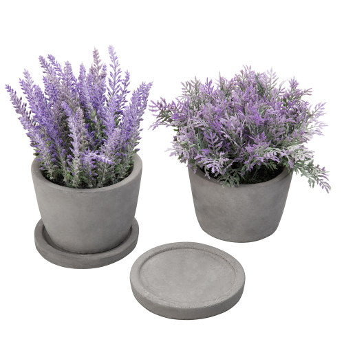 Artificial Lavender Plants in Gray Cement Planter w/ Trays, Set of 2-MyGift