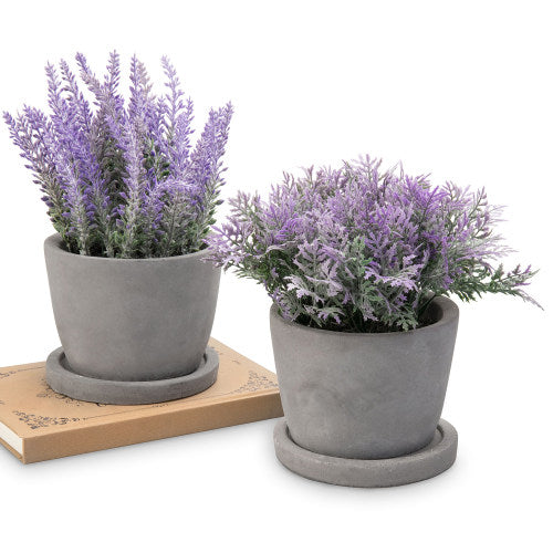 Artificial Lavender Plants in Gray Cement Planter w/ Trays, Set of 2-MyGift
