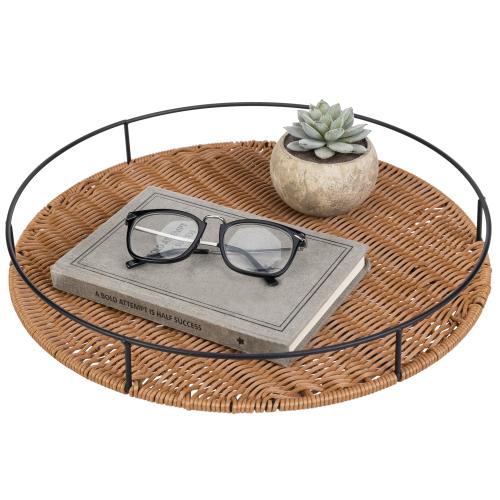 Round Woven Rattan Tray with Metal Frame-MyGift