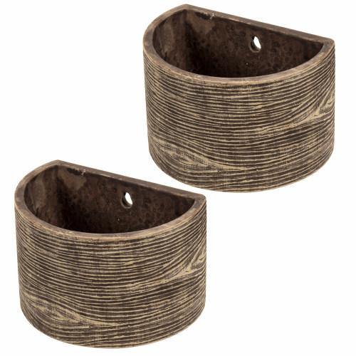 Wall Mounted Brown Wood Design Clay Planters, Set of 2 - MyGift