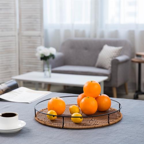 Round Woven Rattan Tray with Metal Frame-MyGift