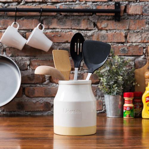 White & Brown Ceramic Kitchen Utensils Crock Holder - MyGift