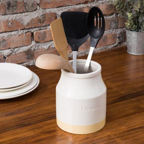 White & Brown Ceramic Kitchen Utensils Crock Holder - MyGift