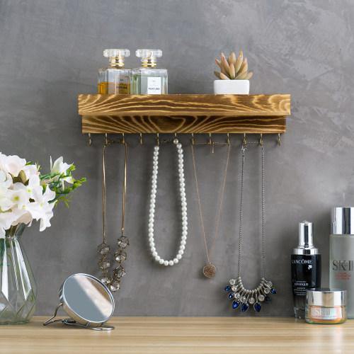 Rustic Burnt Brown Wood Jewelry Hanger with Hooks - MyGift