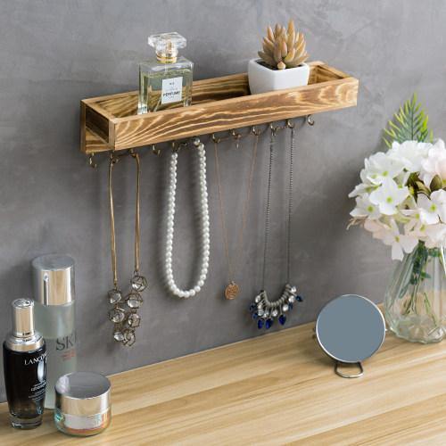 Rustic Burnt Brown Wood Jewelry Hanger with Hooks - MyGift