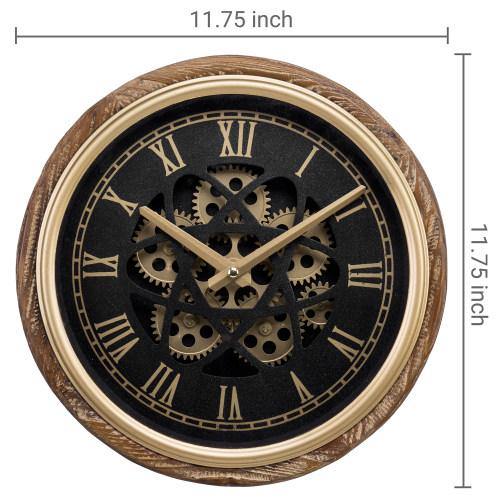 Burnt Wood & Brass Tone Wall Clock with Exposed Mechanical Gears - MyGift