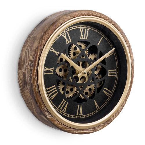 Burnt Wood & Brass Tone Wall Clock with Exposed Mechanical Gears - MyGift