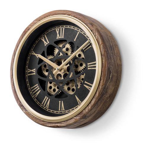 Burnt Wood & Brass Tone Wall Clock with Exposed Mechanical Gears - MyGift