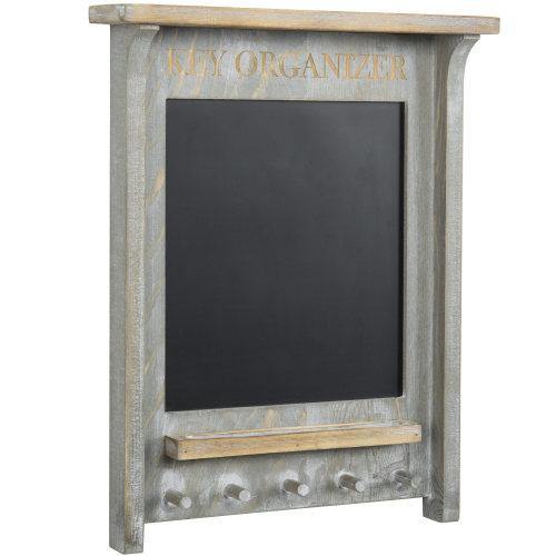 Vintage Gray Wood Entryway Organizer w/ Hooks & Chalkboard - MyGift