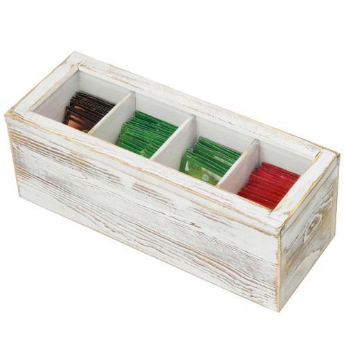 Shabby Whitewashed Wood Tea and Coffee Organizer Box with Clear Lid - MyGift