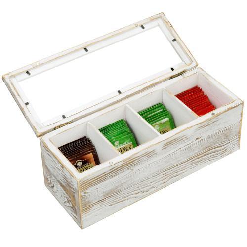 Shabby Whitewashed Wood Tea and Coffee Organizer Box with Clear Lid - MyGift