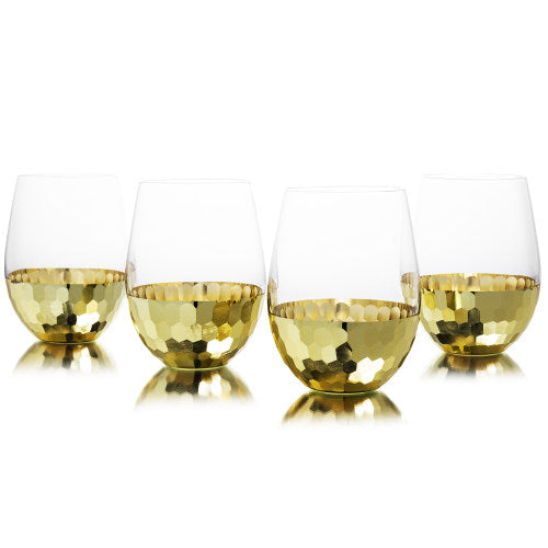 Brass-Tone Hammered Design Stemless Wine Glasses, Set of 4-MyGift