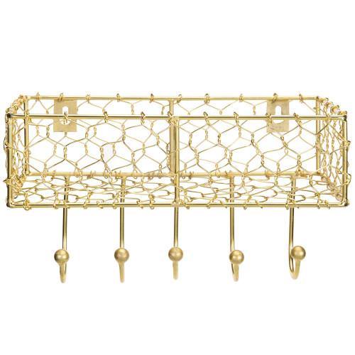 Modern Brass Metal Chicken Wire Mail Sorter Rack w/ Key Hooks - MyGift