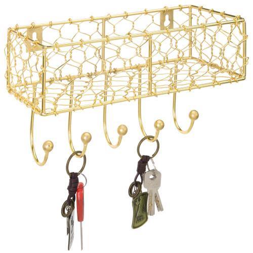 Modern Brass Metal Chicken Wire Mail Sorter Rack w/ Key Hooks - MyGift