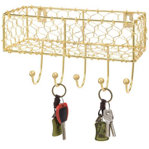 Modern Brass Metal Chicken Wire Mail Sorter Rack w/ Key Hooks - MyGift