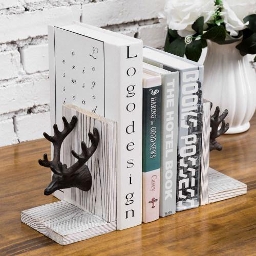 Cast Iron Elk Head and Whitewashed Wood Bookends, Set of 2 - MyGift