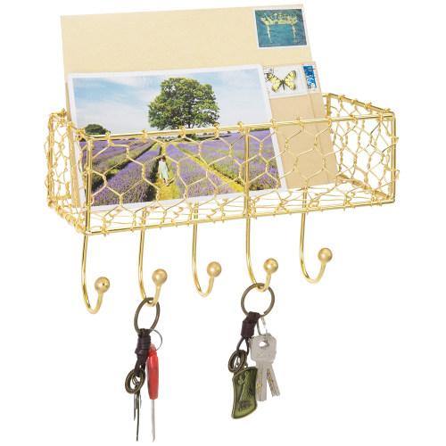 Modern Brass Metal Chicken Wire Mail Sorter Rack w/ Key Hooks - MyGift