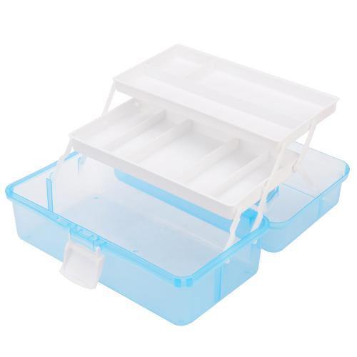 Transparent Blue Plastic Multipurpose Storage Box w/Handle & Expandable Trays - MyGift