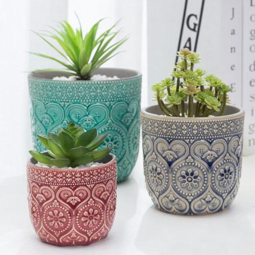 Multicolored Round Embossed Design Ceramic Flower Pots, Set of 3 - MyGift