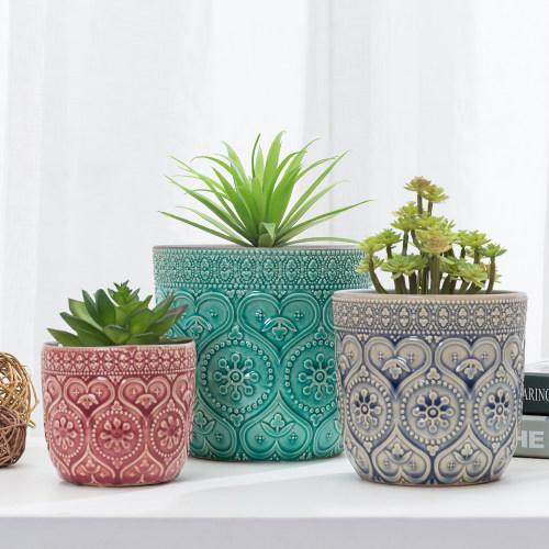 Multicolored Round Embossed Design Ceramic Flower Pots, Set of 3 - MyGift