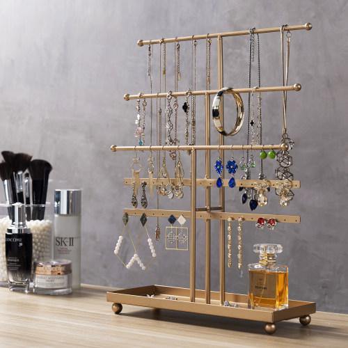 MyGift 3-Tier Wooden Jewelry Organizer With 21 Pegs & Chalkboard - Wall Mount Or Tabletop Ring Display