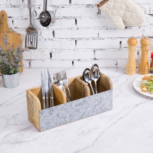 Galvanized Metal & Mango Wood Utensil Organizer - MyGift