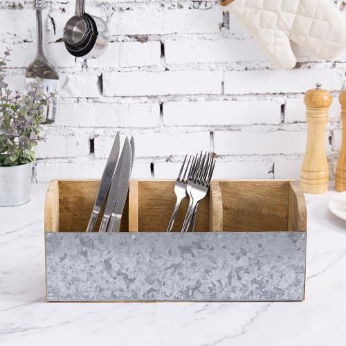 Galvanized Metal & Mango Wood Utensil Organizer - MyGift