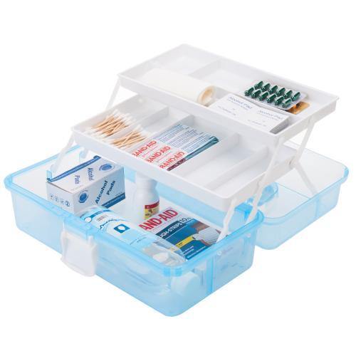 MyGift 13 inch Transparent Blue Plastic Empty Multipurpose Storage Box with Handle, Latching Lid and 2 Expandable Trays for Tools, First Aid, Sewing