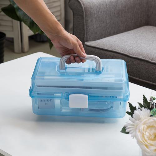 Transparent Blue Plastic Multipurpose Storage Box w/Handle & Expandable Trays - MyGift
