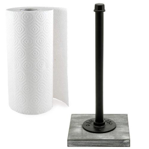 Paper Towel Roll Holder with Rustic Gray Wood Base and Industrial Pipe Design - MyGift