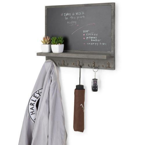 Gray Wood Chalkboard Wall Organizer w/ Hooks - MyGift