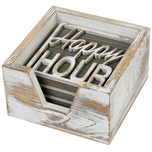 Rustic Whitewashed Wood Happy Hour Coasters Set with Tray - MyGift