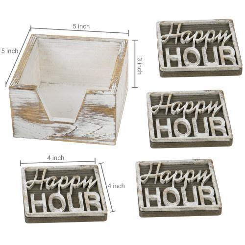 Rustic Whitewashed Wood Happy Hour Coasters Set with Tray - MyGift