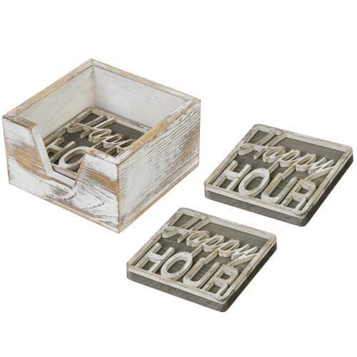 Rustic Whitewashed Wood Happy Hour Coasters Set with Tray - MyGift