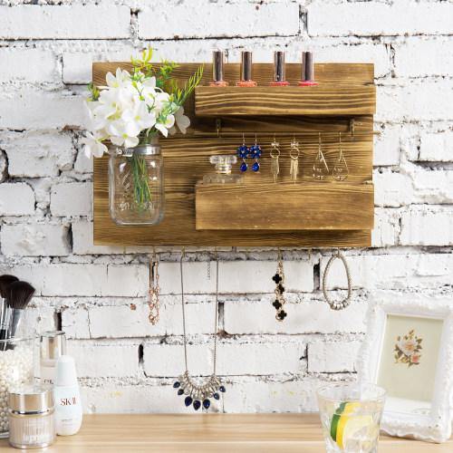 Brown Burnt Wood and Brass Metal Jewelry Organizer with Mason Jar - MyGift
