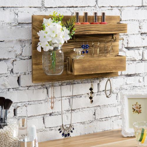 Brown Burnt Wood and Brass Metal Jewelry Organizer with Mason Jar - MyGift