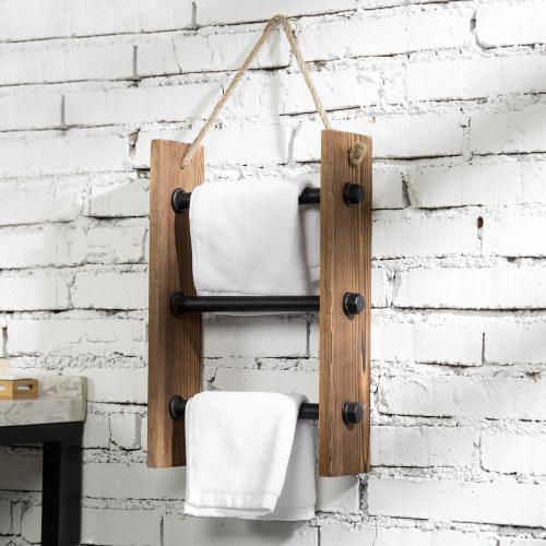 Wall-Hanging Industrial Pipe & Burnt Wood Hand Towel Ladder - MyGift