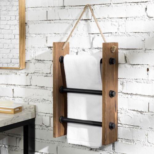 Wall-Hanging Industrial Pipe & Burnt Wood Hand Towel Ladder - MyGift