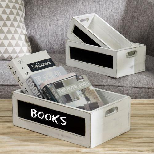 Distressed White Wood Nesting Crates w/ Chalkboard Panels - MyGift