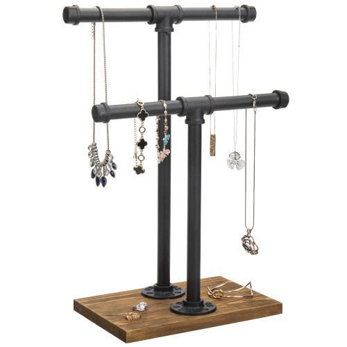 Industrial Pipe & Brown Wood T-Bar Necklace Jewelry Stand - MyGift