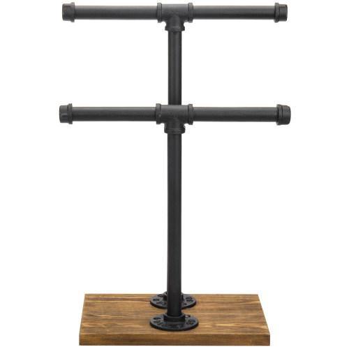 Industrial Pipe & Brown Wood T-Bar Necklace Jewelry Stand - MyGift